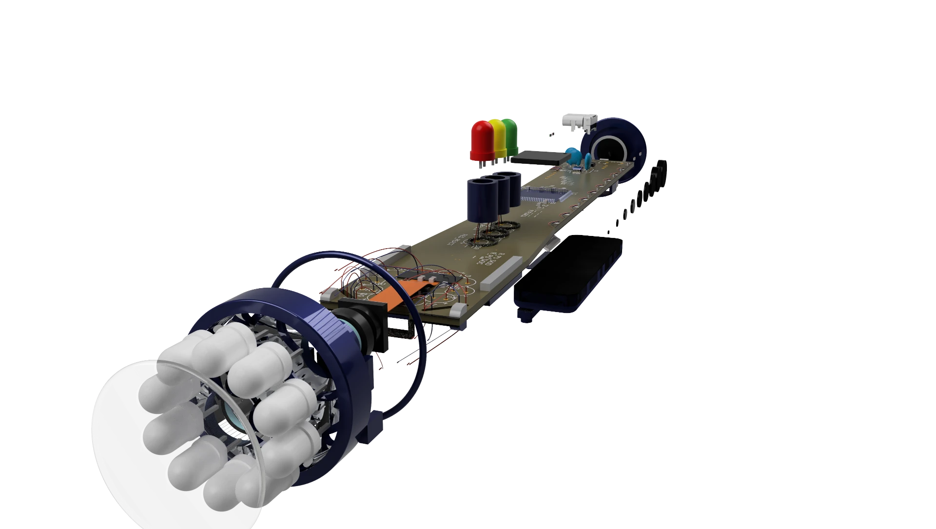Exploded view of the LIOR optical head with LED burst ring, lens, and internal wiring