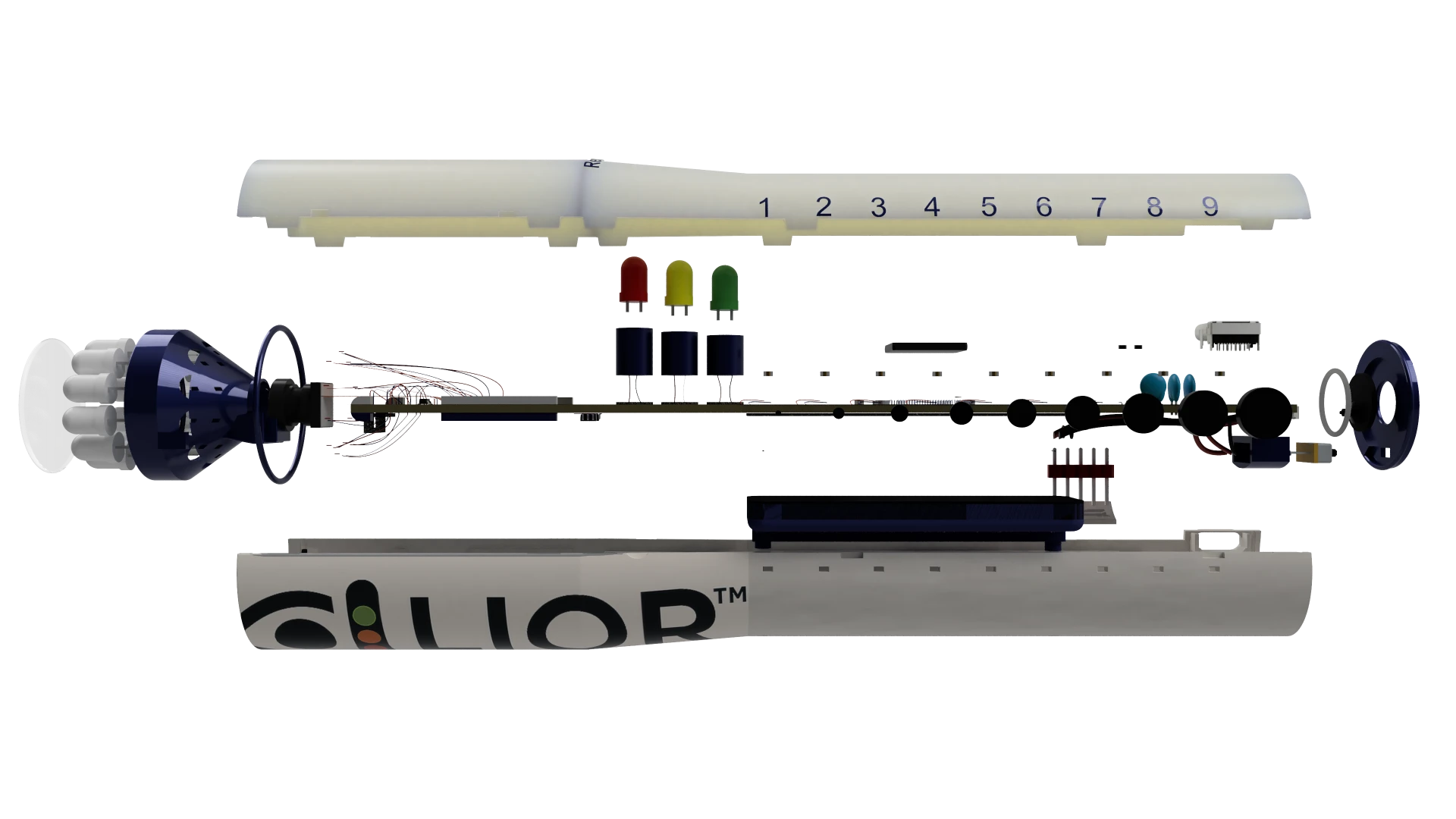 Exploded view of LIOR showing the outer shell, circuit board, LED array, battery, and infrared camera module