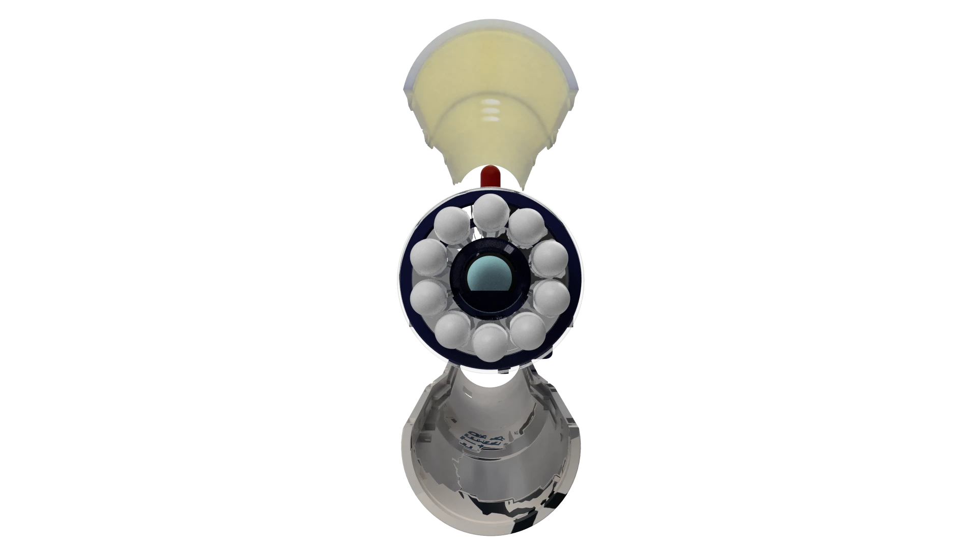 Front exploded view of LIOR showing the burst ring, infrared camera lens, and eye cup
