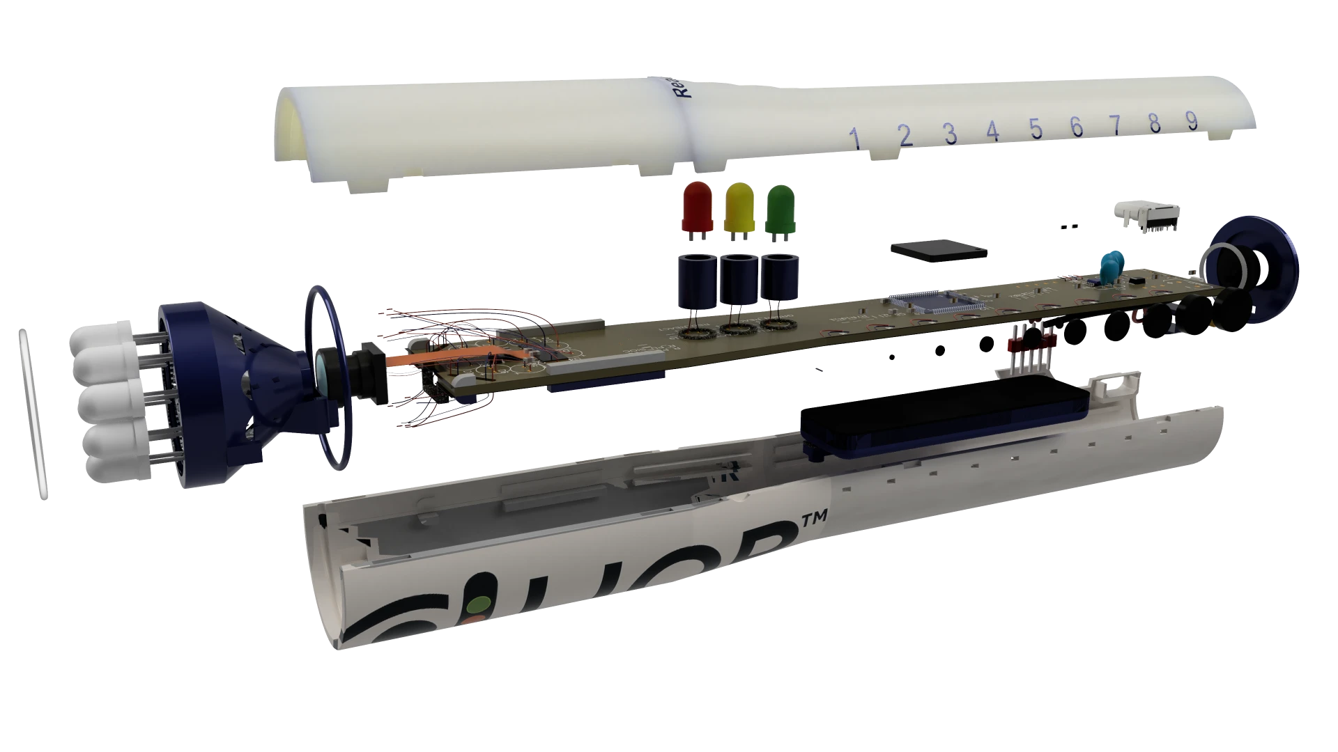 Isometric exploded view of LIOR showing the shell, circuit board, LED indicators, battery, and camera assembly