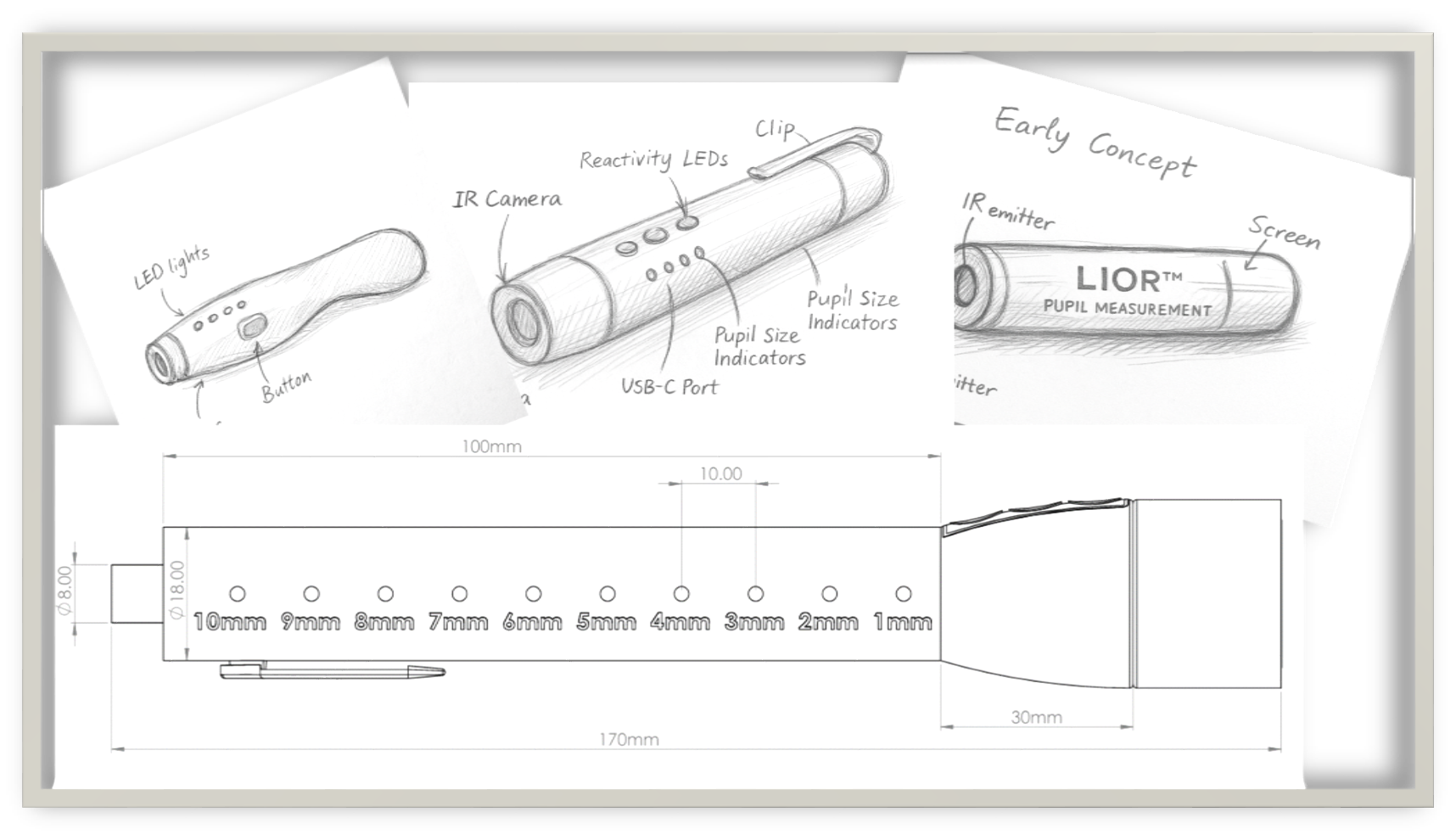 Early pencil concept sketches of the LIOR device, from hand-drawn ideas to technical design drawings