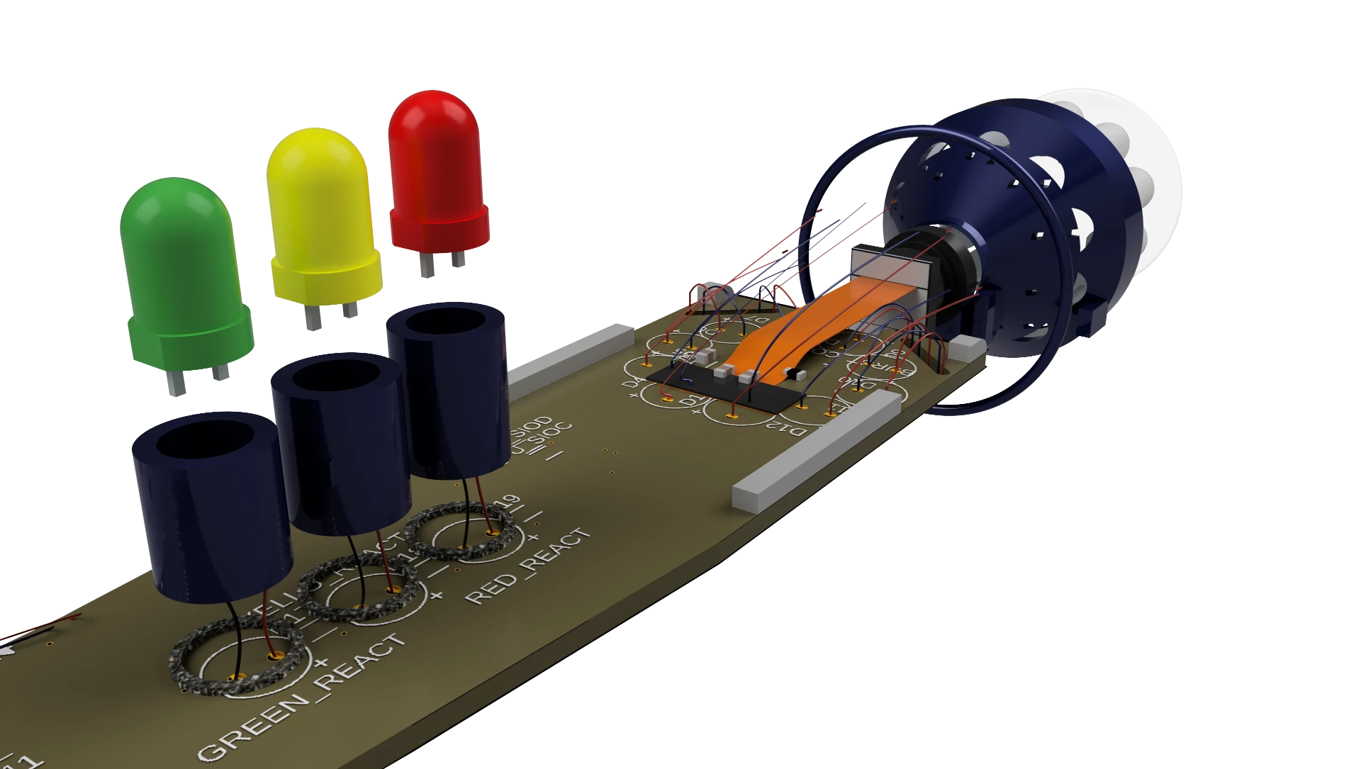 Close-up of the LIOR circuit board with red, yellow, and green status LEDs and camera ribbon cable